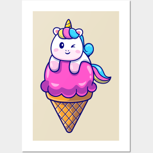 Cute Unicorn On Ice Cream Cone Cartoon Posters and Art